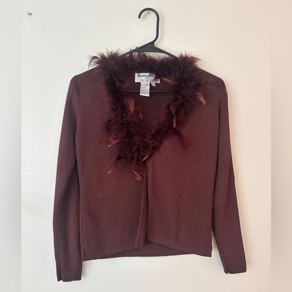 Joseph Deep Brown V-Neck Sweater with Feather Detail Y2K